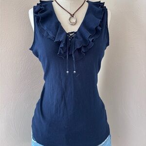 Chaps Dark Blue Ruffled Sleeveless Blouse